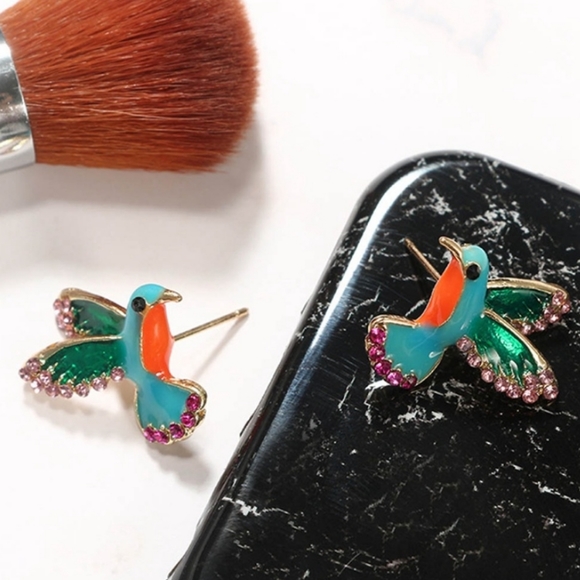 Colorful Hummingbird Rhinestone Earrings - Picture 6 of 7